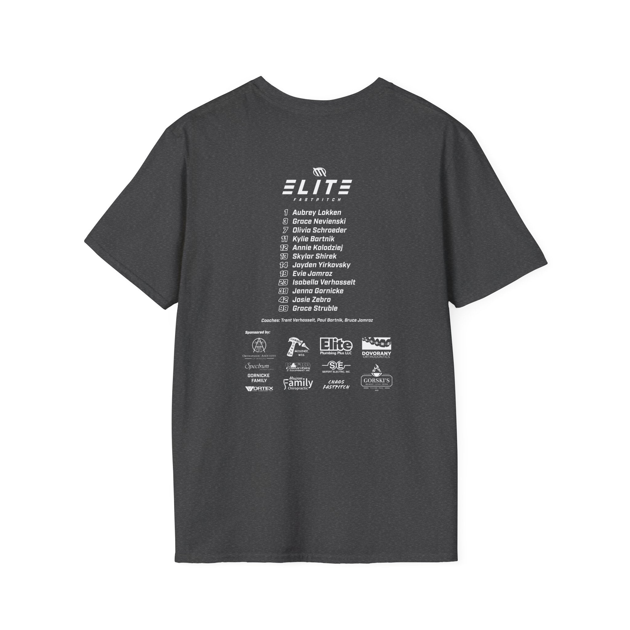 Mosinee Elite Fastpitch Sponsor T-Shirt in Dark and Light Gray Unisex Softstyle T-Shirt